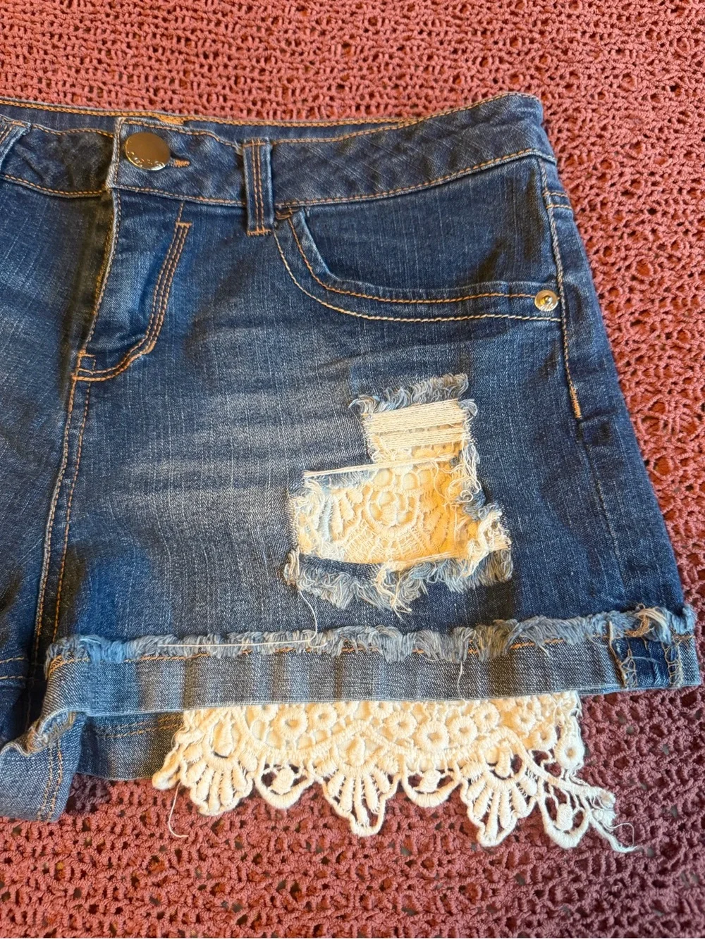Denim Lace-Trim Shorts